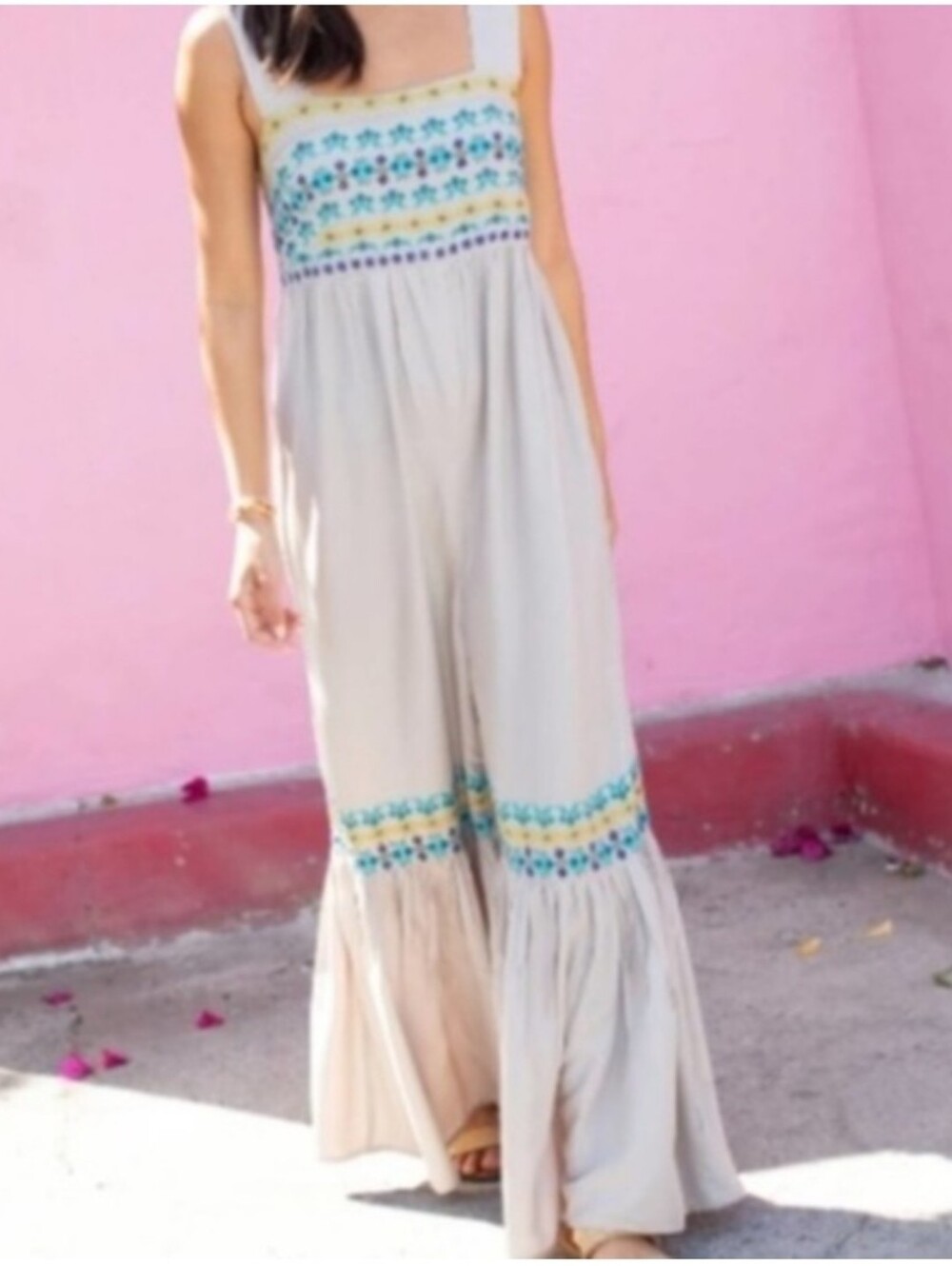 Natural Life Hannah Smocked Floral Embroidered Wide-Leg Kick Flare Jumpsuit